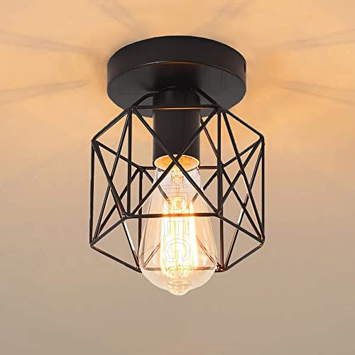 iDEGU Plafoniera LED E27 Vintage Lampada da Soffitto Design Industriale in Forma di Gabbia Esagono 15cm Paralume Matal Nero Retro Lampadario da Soffitto per Camera da Letto, Cucina, Corridoio