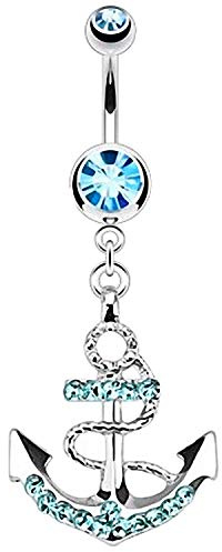 Piercingfaktor Bauchnabelpiercing Chirurgenstahl Bauch Bauchnabel Piercing Banane Stecker Anhänger mit Kristall Seefahrt Anker Silber Aqua