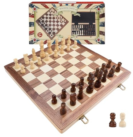 Wooden Chess Set Board Games Portable Folding Chessboard 15”x15” Puzzle Game with 32 Solid Wood Chess Piece for Adults and Kids Travel Family Game Gift