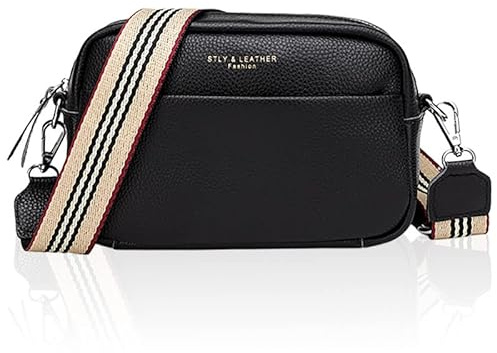 YUHONLNOR Crossbody Bag Damen Leder Breiter Gurt Handtasche Umhängetasche moderne taschen mit breitem schultergurt ,Schwarz.