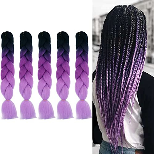 Cybelleza Treccine Africane Extension Capelli Sintetici 5pcs 60cm Extension Capelli per Treccine Africane Finti Estensioni Trecce Afro Ombre Braiding Hair, Nero & Viola & Viola Chiaro