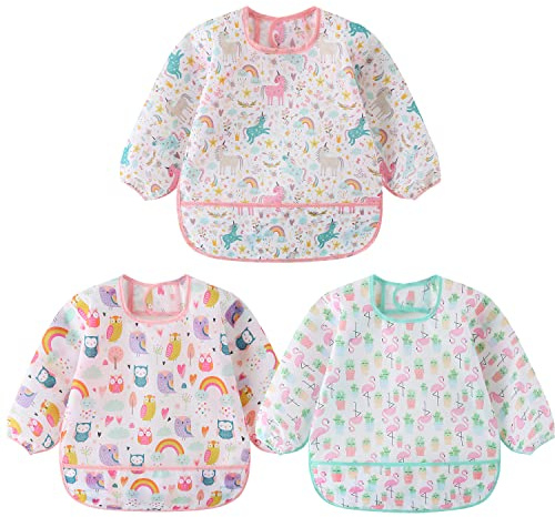 HaimoBurg 3 Pcs Waterproof Long Sleeves Baby Bibs Weaning Smock Bib 3-24 Months