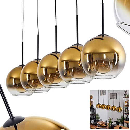 HOFSTEIN Hängeleuchte Koyoto, 5-flammige Hängelampe aus Metall/Glas in Schwarz/Goldfarben/Klar, moderne Pendelleuchte im Retro/Vintage-Design, Ø Schirme 20 cm, E27, Esszimmer, Küche, Wohnzimmer