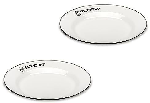 Petromax Emaille Teller 2er Set Weiß - 26 cm Campinggeschirr Outdoor | Robustes Emaille-Set mit Edelstahlrand, kratzfest, leicht zu reinigen & hygienisch, ideal zum Draußen-Kochen