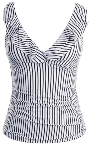 Yonique Women's Tankini Top Only Tummy Control Bathing Suit Top Ruffle Swimsuit Top V Neck Swim Tank Top No Bottom Black and White Striped M