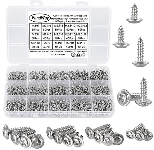FandWay 700Pcs Self Tapping Screws 304 Stainless Steel,M2 M2.3 M2.6 M3 Small Wood Screws Kit,Pan Head Self Drilling Screw,Washer Head Sheet Metal Screw Phillips Drive for DIY Woodwork Repairs.