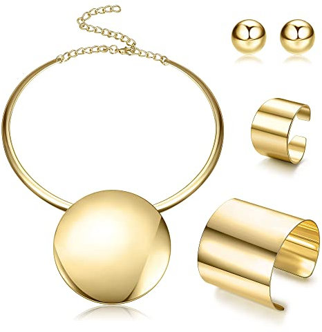 Kakonia Statement Chunky Jewellery Set Choker Earrings Bracelet Ring Gold Plated Round Pendant Necklace Nigerian Costume Party African Jewellery Accessories for Women and Girls