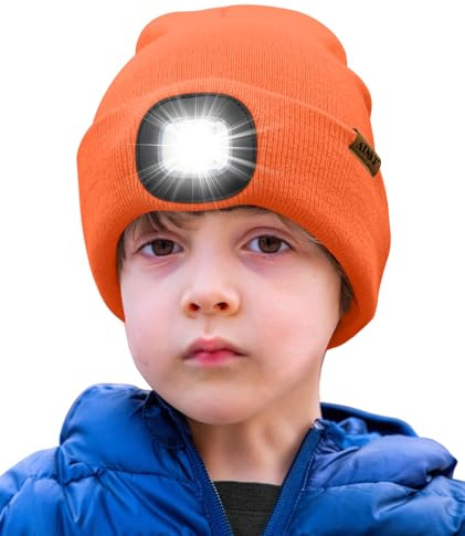ATNKE Enfants LED Bonnet Lampe Frontale, USB Rechargeable 4 LED Chapeau de Course Ultra Lumineux Mains Libres Lumière Hiver Chaud Tricot Bonnet Cadeaux pour Garçons et Filles/Bright Orange