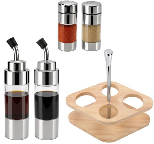 Bottiglia Di Olio, Set Dispenser Per Olio D'oliva E Aceto Bottiglia di Aceto Dispenser Di Olio/Aceto da 2 Pezzi con Supporto in Legno Per Tavolo da Ristorante della Cucina Domestica