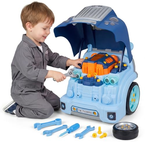 POFJOEQ Interactive Truck Engine Toy with Removable Parts - Lights, Sounds, and Fun for Young Mechanics -Unleash Their Creativity and Motor Skills with This Truck Engine Toy (Bule)