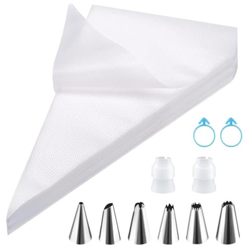Czwander Mangas Pasteleras Desechables,100 Piezas Mangas Pasteleras + 6 Puntas Pasteleras + 2 Adaptadores + Dos Gomas Superiores de Manga Pastelera, Decorar Tartas y Galletas