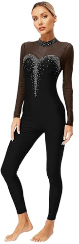 TTAO Damen Ganzkörperanzug Sportlich Lang Turnanzug Gymnastik Eiskunstlauf Kostüm Strass Tanzbody Gymnastikanzug Sport Junpsuit