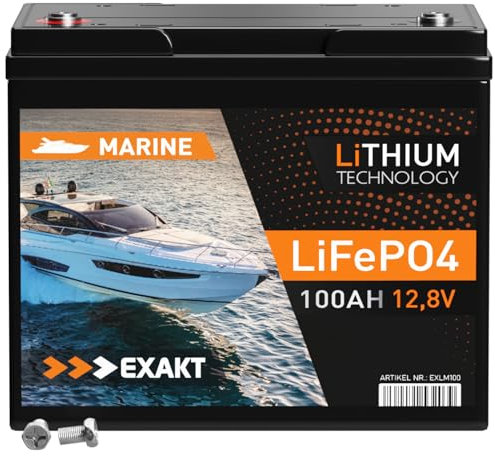 EXAKT LiFePO4 100Ah Marine Batterie 12V Bootsbatterie Elektro Außenborder Boot Motor Lithium Batterie Solarbatterie Akku