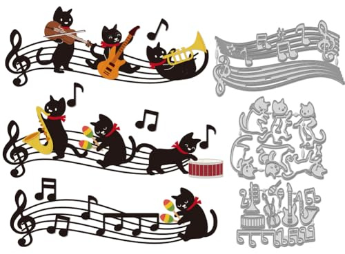 WADORN 3 Stück Stanzformen Mit Musiknoten Spielender Katze. Metall Stanzschablonen Mit Musiknoten Und Katze Performance Musikinstrument Tier Stanzvorlage Aus Karbonstahl Für DIY Scrapbooking Dekor