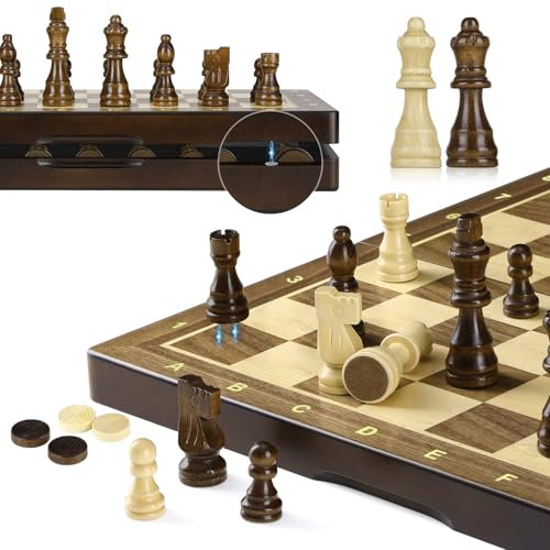 Peradix 2 In 1 Magnetisch Schachspiel aus Holz,38CM Magnetisch Schachbrett/ 2 Extra Queens,Schachspiel Hochwertig, Riesenschach Chess & Checkers Set
