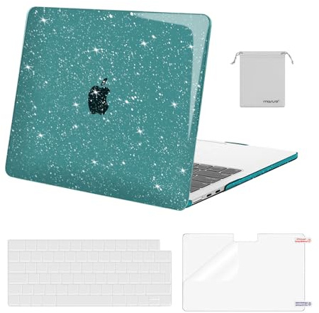 MOSISO Coque Compatible avec MacBook Air M5 M4 M3 M2 13,6 Pouces 2026-2022 A3449 A3240 A3113 A2681,Pailleté Étui RigidePour Mac Air 13 Pouces&Housse Clavier&ScreenFilm&Sac Rangement,Sarcelle Foncé