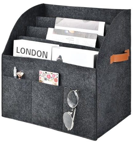 Dewocke Zeitschriftenständer Modern, Abnehmbare 4-lagige Trennwand Zeitschriftensammler, Bücherkorb Treppenkorb, Aufbewahrungsständer für große Filz-Zeitungskörbe, Lager für Haus und Büro, Dunkelgrau