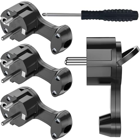 Schuko Stecker, Flachstecker Flach, Winkelstecker 230V, Stromstecker mit Klappgriff, Schutzkontakt-Stecker, Spritzwassergeschützt und Langlebig, IP44, Bruchfest, Schwarz - 4 Stücke - Black