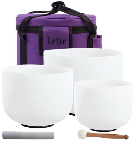 Leize Crystal Singing Bowl Tuned Quartz with Suede Striker Carry Case Bag, Set of 3 PCS 432HZ 6 A 8 F 10 C, Frosted White