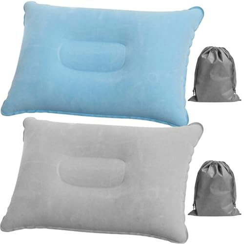 Anseom 2 Pezzi Cuscini Gonfiabili da Campeggio 34×22cm Cuscino da Viaggio Portatile Gonfiabile Cuscino da Spiaggia con 2 Tasche Coulisse per Campeggio e Viaggio