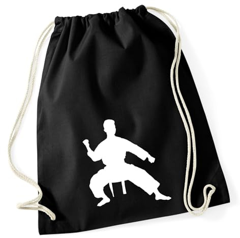 Huuraa Turnbeutel Taekwondo Silhouette Geschenk | Sportbeutel 12 Liter Black Baumwolle Schwarzer Rucksack Geschenkidee Unisex Beutel mit Kordelzug Baumwollbeutel