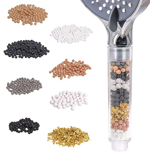 DBOO Perlas de filtro de ducha de 150 gramos de repuesto para cabezal de ducha, bolas minerales, piedra bioactiva para filtración de agua, incluye 8 tipos de kit de recambio de filtro de cabezal de