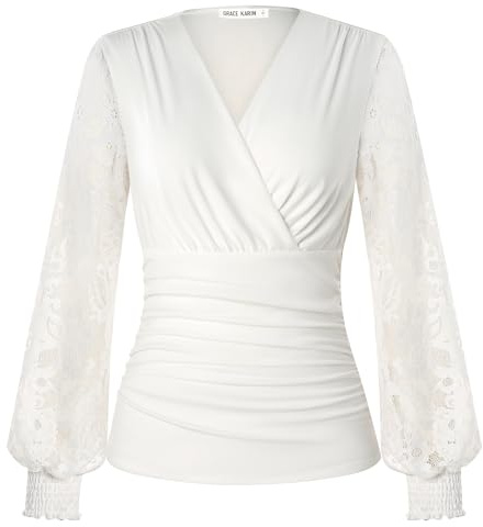 GRACE KARIN Women’s Long Sleeve Tops Lace Ruched Wrap Blouses Shirts | Dressy Casual Top with Long Lace Sleeves, Ruched Surplice V-Neck Blouse, Stretchy Hip Length Shirt, Elegant Tops for Women UK
