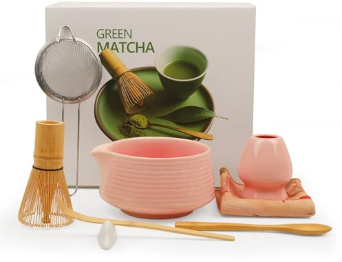 Kit de Matcha pour Cérémonie Japonaise : GEEKHOM Ensemble de 8 Pièces Comprenant Fouet en Bambou, Tamis, Support, Cuillères, Bol, Serviette et Planchette - Parfait pour Débutants et Amateurs de Matcha