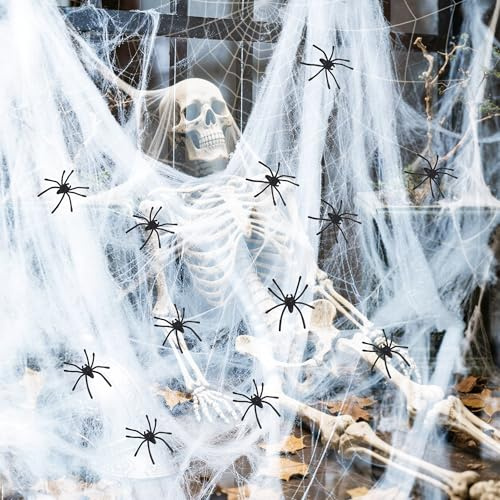 Ragnatele di Halloween,200g Decorazioni di Halloween di Ragnatele Estensibili+50 Nero Finti Ragni, Decorazioni inquietanti per casa, giardino, finestre e feste, Halloween per interni ed esterni