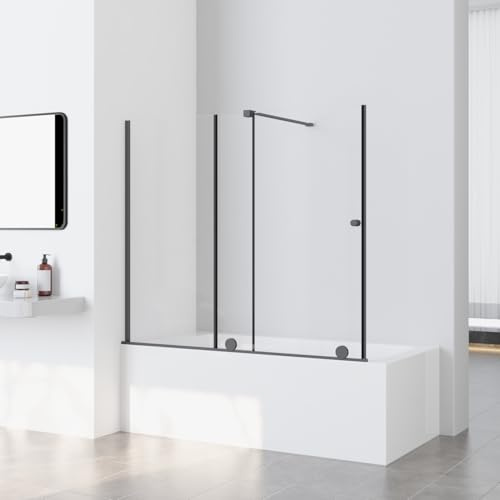 WOWINNE Duschwand für Badewanne Schiebetür, Duschwand für Badewanne Schwarz Badewannenaufsatz Duschtrennwand Duschabtrennung mit 6mm ESG Sicherheitsglas, 115x140cm