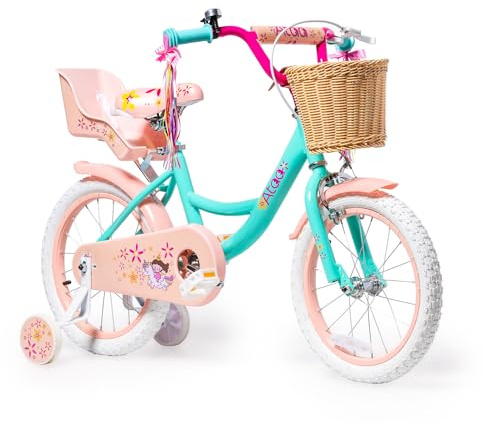 ATAA Bicicleta Infantil Kitty 16 Pulgadas con Ruedines Desmontables Cesta y Serpentinas Bicicleta para Niñas con Frenos Reflectores y Cuadro de Acero