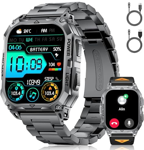 Smartwatch Uomo con Chiamate Bluetooth, 2,01 HD Display, LED Torcia, 900 mAh, Frequenza Cardiaca/Sonno, Fitness Tracker, 100+ Modalità Sportive, IP68, Compatibile con Android e iOS, Nero-Arancione