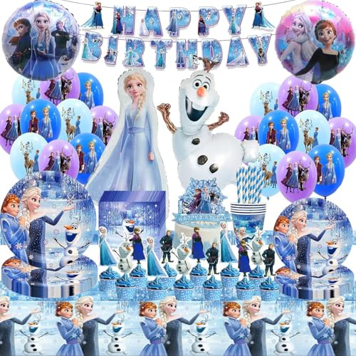 109 Pièces Decoration Anniversaire Fête Vaisselle Ballon Kit Rein des Neige 3Ans,Froze Anniversaire Vaisselle Kit 4 Ans,Frozen Decoration Anniversaire Filles Ballon Rein des Neig Assiettes, Serviettes