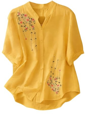 Camicetta Estiva da Donna Curvy Elegante Blusa con Bottoni Manica Corta Basic Tshirt Casual Camicia Vintage Scollo a V Shirt Tops Leggero Fantasia Maglia Boho Camicetta Ricami