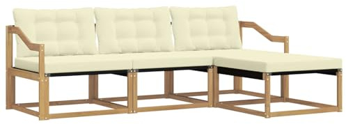 HETFTJN Juego de muebles de jardín de 4 piezas, sofá de jardín de madera maciza de acacia con tapicería, conjunto modular para terraza y balcón, moderno sofá exterior en blanco y crema