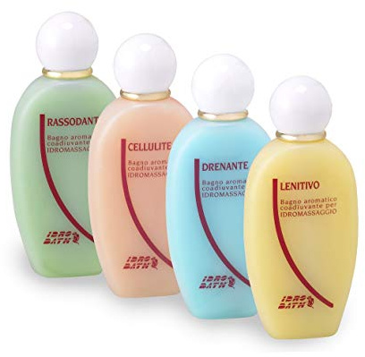 Baños aromáticos a base de aceites esenciales hidrosolubles para bañera de hidromasaje. Kit 4 piezas x 200 ml (calmante, celulitis, reafirmante, drenante) con dosificador gratuito