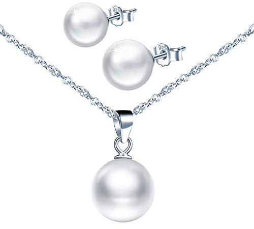 CPSLOVE Sterling silber Damen Perlenschmuck Set, Farbe Perle Halskette Anhänger und Perle Ohrstecker, stilvoll elegant Perlen kette Ohrringen Set