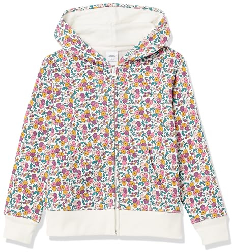 Amazon Essentials Sweatshirts à Capuche en Polaire avec Fermeture Éclair Fille, Blanc Jaune Floral, 6-7 ans