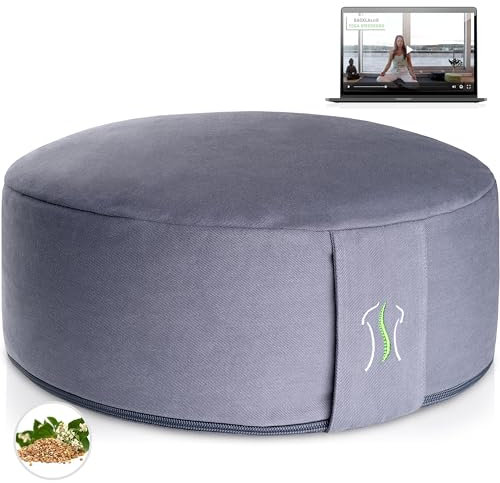 BACKLAXX ® Yoga Kissen, Meditationskissen XL 35cm [30% mehr Sitzfläche], 15cm hoch mit Buchweizenfüllung, perfektes Meditation Zubehör, Yogakissen rund inkl. Videokurs - Pouf Sitzkissen Boden