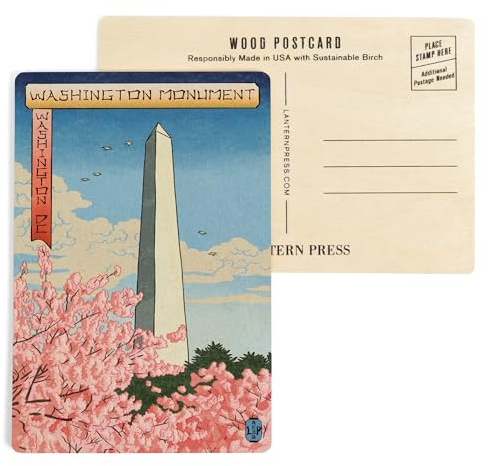 Washington, DC, Washington Monument, Cherry Blossoms (#3), Woodblock (4x6 Birch Wood Postcards, 2-Pack Stationary, Rustic Home Wall Decor)