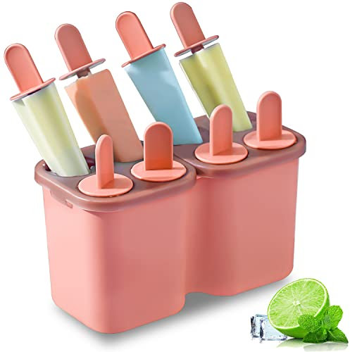 HOMQUEN Eisformen für Eis am Stiel, wiederverwendbar, leicht zu lösen, für Kinder, viele Formen, hausgemachte Stieleis-Formen, BPA-frei, 8 Mulden, Rosa