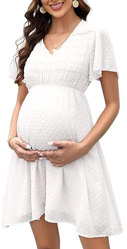 Clearlove Robe de grossesse en mousseline de soie à pois suisse à manches courtes pour femme, Blanc., S