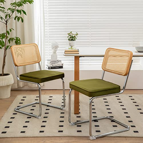 MFFM Rattan Dining Chairs Set of 2, Green Velvet Dining Room Chair with Solid Back and Chrome Legs, Modern Mid Century Designed Chairs for Dining,Living Room,Kitchen Chairs (Olive Green-2pcs)