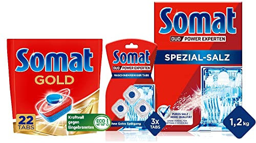Somat Gold Spülmaschinen Tabs (22 Tabs), Extra-Kraft & Maschinenreiniger Tabs Anti-Kalk (3 WL), kein extra Spülgang & Somat Spezial Salz 1,2Kg
