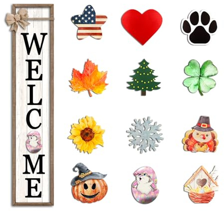 Surfapans Interchangeable Welcome Sign for Front Porch Standing 45X9 Large with 12 Pcs Replaceable Icons Outdoor Decorations Frame Tall Vertical Outside Farmhouse Rustic Door Decor (Wood)