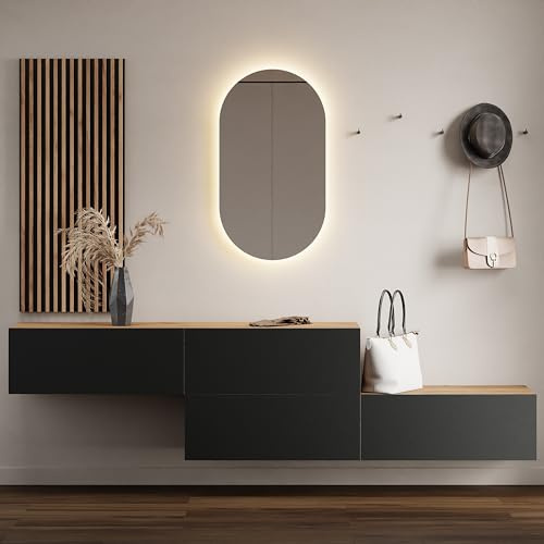 Planetmöbel Flur Möbel Garderobe 2X 160cm Gold Eiche/Anthrazit | Wandpaneel 50cm Gold Eiche/Anthrazit mit Spiegel 50cm (ohne LED), Wandgarderobe 32,5H x 160B x 37,8T cm