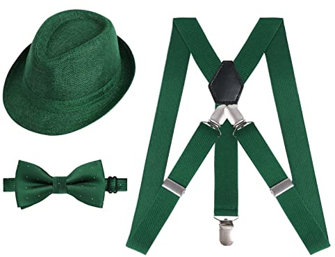 Alizeal Set di bretelle regolabili per bambini, papillon pre-legato e cappello, Verde scuro, Taglia Unica