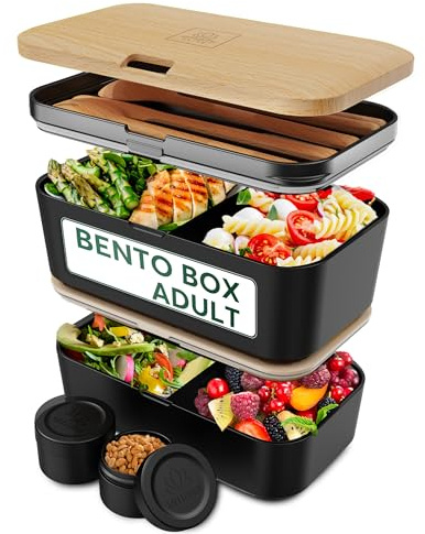 Umami Premium Lunchbox Erwachsene, Verschachtelbar Auslaufsichere Bento Box mit 4 Bestecke & Fächern, Brotdose Erwachsene Salatbehälter To-Go Lunch Box für Picknick, Büro, Schwarze Buche, 1500 ml