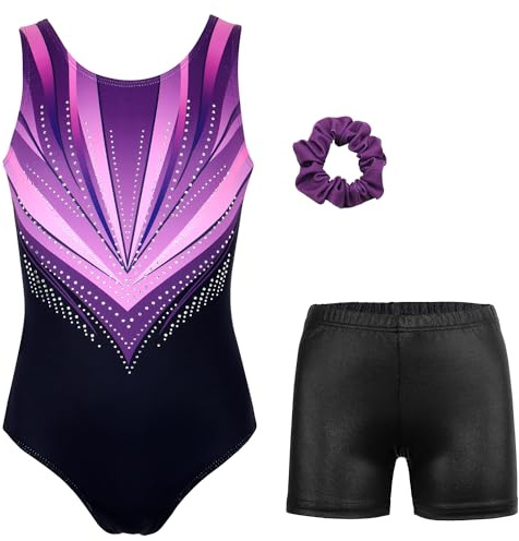 MODAFANS Gymnastics Leotards for Girls with Shorts Ballet Dance Set Activewear Purple-black Diamond,6-7Years