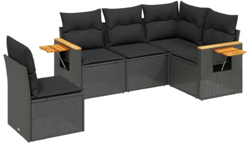 vidaXL Garten Sofagarnitur mit Kissen 5-TLG., Gartenmöbel Gartengarnitur, Sitzgruppe Sitzgarnitur, Lounge Sofa Garnitur Terrasse, Schwarz Poly Rattan